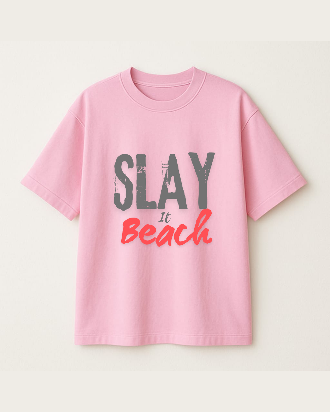 Slay It Beach French Terry Oversized Pink T-Shirt for Girls